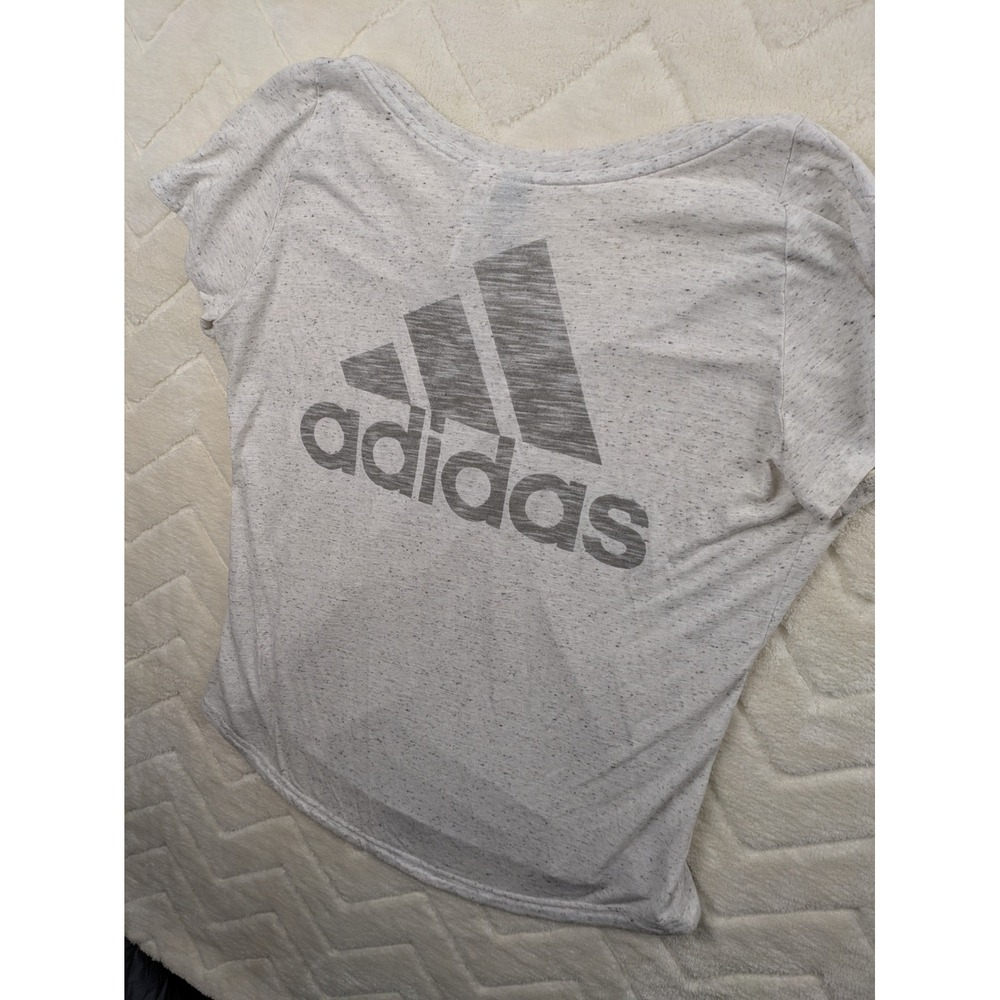 Adidas Womens V-Neck Graphic T-Shirt Gray Heathered Space Dye Logo Back Size L